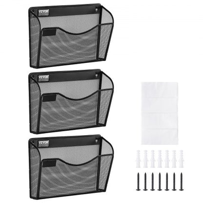 File Wall Rack, Three-Piece 1 Pocket Mesh Wall File Holder, Wall Mounted Magazine Mail Paper & Document Storage Folder, Metal Wall File Organizer with Nametag Label, for Office Home & School