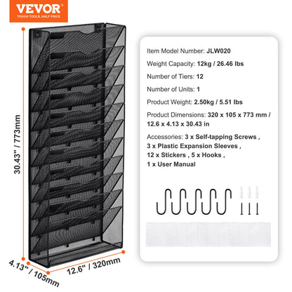 Wandablage, einteiliger Wandablagehalter mit 12 Fächern aus Netzgewebe, Wandmontierter Ablageordner für Zeitschriften, Post, Papier und Dokumente, Wandablageorganizer aus Metall mit Namensschild, für Büro, Zuhause und Schule