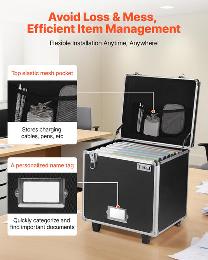 Portable File Storage Box, 395 x 320 x 380 mm Internal Chest Size, Locking Mobile Business Case with Telescopic Handle, Hand pull File Case for Office Home, Offices, Hospitals, Banks