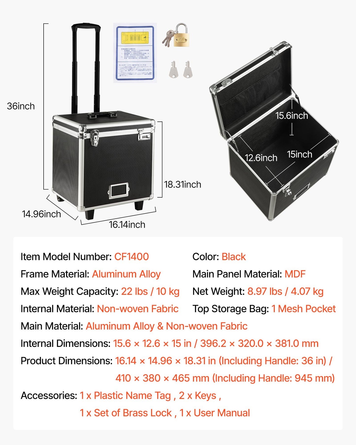 Portable File Storage Box, 395 x 320 x 380 mm Internal Chest Size, Locking Mobile Business Case with Telescopic Handle, Hand pull File Case for Office Home, Offices, Hospitals, Banks