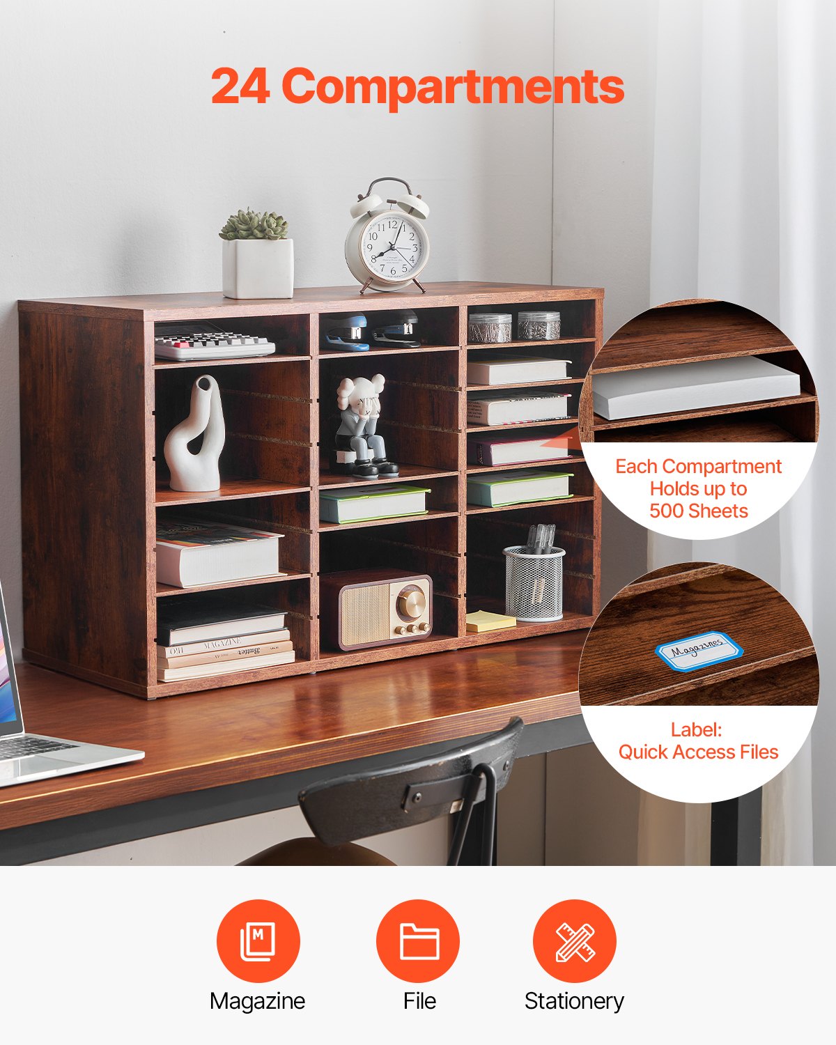 Literature Organizer, 24 Compartments Office Mailbox with Removable Shelves, Wooden Mailbox Sorter Particle Board Office Home Classroom Storage, File Sorter for Documents, Papers, Dark Brown