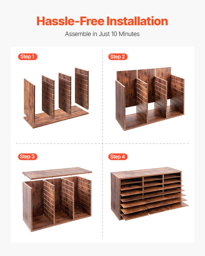 Literature Organizer, 24 Compartments Office Mailbox with Removable Shelves, Wooden Mailbox Sorter Particle Board Office Home Classroom Storage, File Sorter for Documents, Papers, Dark Brown