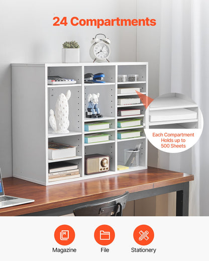 Literature Organizer, 24 Compartments Office Mailbox with Adjustable Shelves, Wooden Mailbox Sorter Medium Density Fiberboard Office Home Classroom Storage for Files, Documents, Papers, White