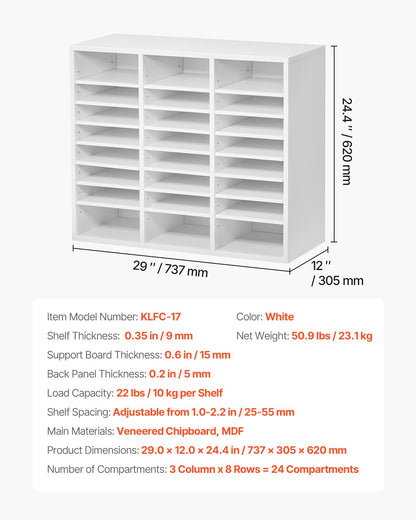 Literature Organizer, 24 Compartments Office Mailbox with Adjustable Shelves, Wooden Mailbox Sorter Medium Density Fiberboard Office Home Classroom Storage for Files, Documents, Papers, White
