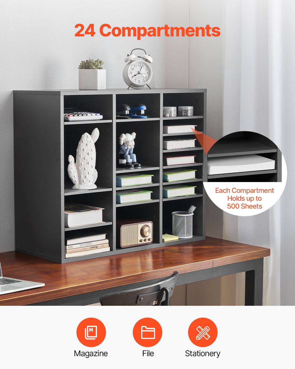 Literature Organizer, 24 Compartments Office Mailbox with Adjustable Shelves, Wooden Mailbox Sorter Medium Density Fiberboard Office Home Classroom Storage for Files, Documents, Papers, Grey