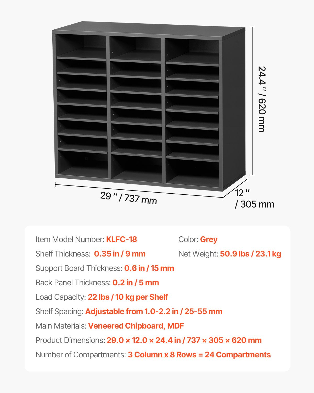 Literature Organizer, 24 Compartments Office Mailbox with Adjustable Shelves, Wooden Mailbox Sorter Medium Density Fiberboard Office Home Classroom Storage for Files, Documents, Papers, Grey