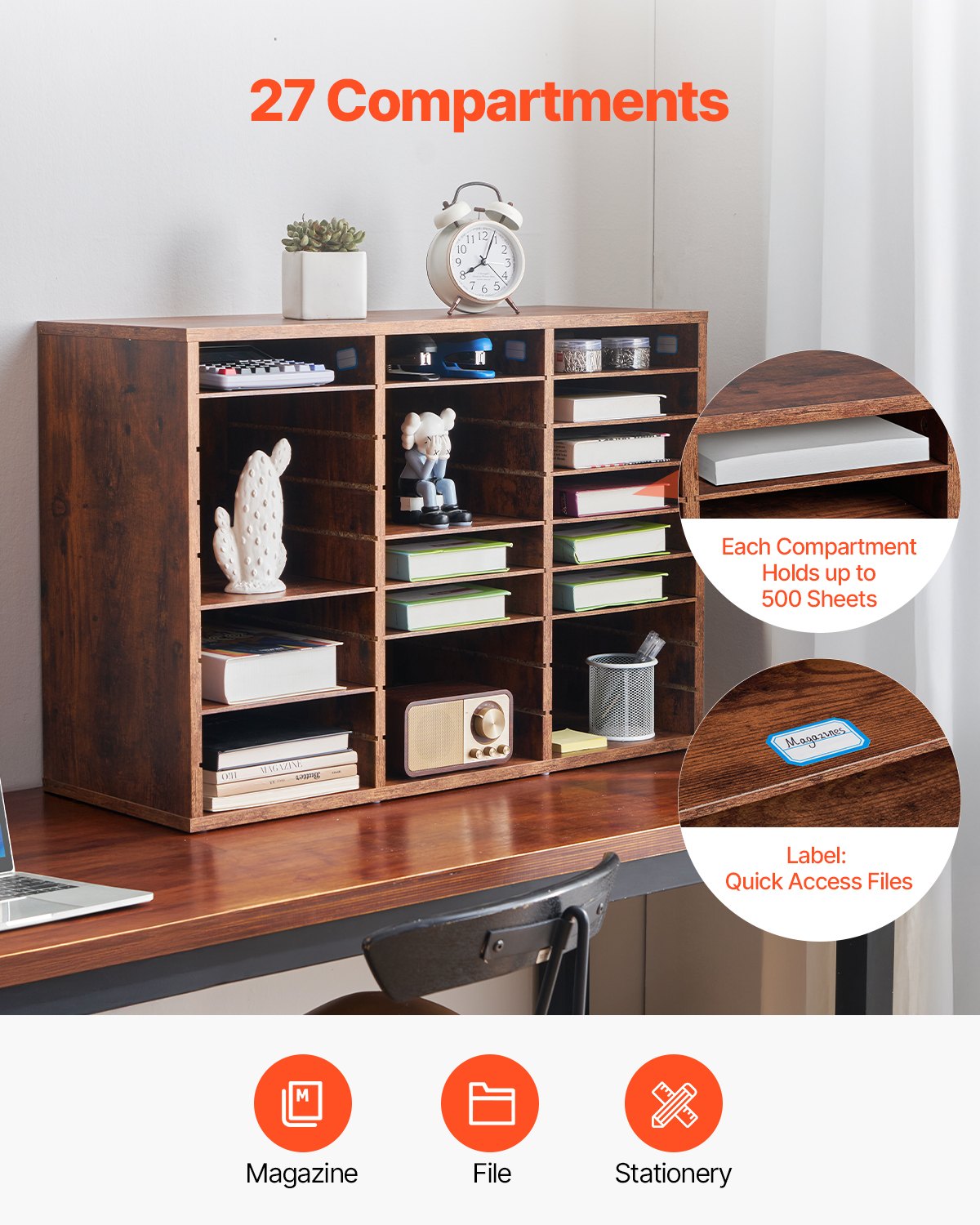 Briefkasten mit 27 Fächern und herausnehmbaren Regalböden, geeignet für Büro, Zuhause und Klassenzimmer, dunkelbraun