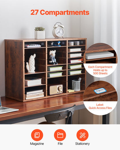 Briefkasten mit 27 Fächern und herausnehmbaren Regalböden, geeignet für Büro, Zuhause und Klassenzimmer, dunkelbraun