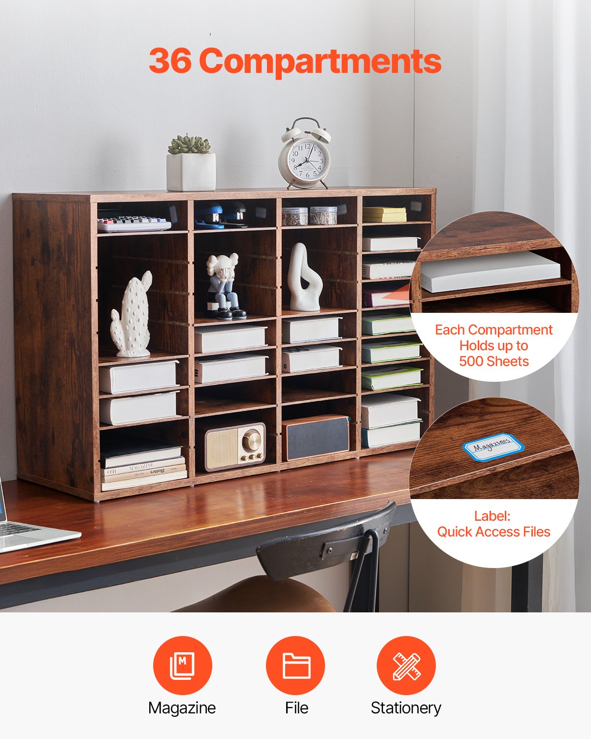 Briefkasten mit 36 ​​Fächern und herausnehmbaren Regalböden, geeignet für Büro, Zuhause und Klassenzimmer, dunkelbraun