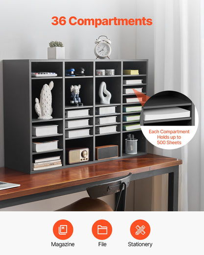 Literature Organizer, 36 Compartments Office Mailbox with Adjustable Shelves, Wooden Mailbox Sorter Medium Density Fiberboard Office Home Classroom Storage for Files, Documents, Papers, Grey