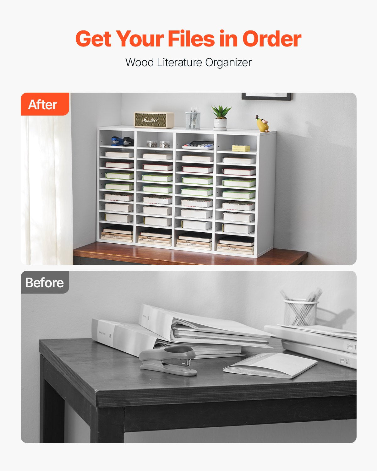 Literature Organizer, 36 Compartments Office Mailbox with Adjustable Shelves, Wooden Mailbox Sorter Medium Density Fiberboard Office Home Classroom Storage for Files, Documents, Papers, White