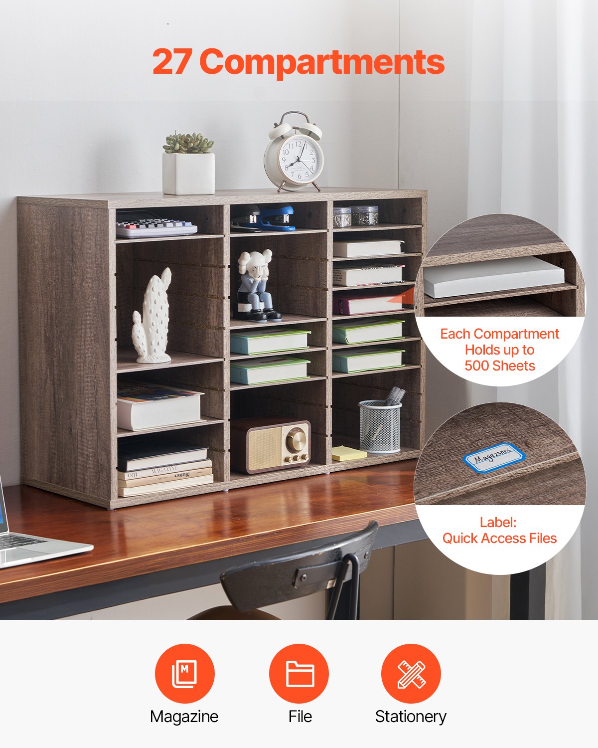 Briefkasten mit 27 Fächern und herausnehmbaren Regalböden, geeignet für Büro, Zuhause und Klassenzimmer, mit Aufbewahrungsmöglichkeiten für Akten, Dokumente und Papier, schwarz-grau