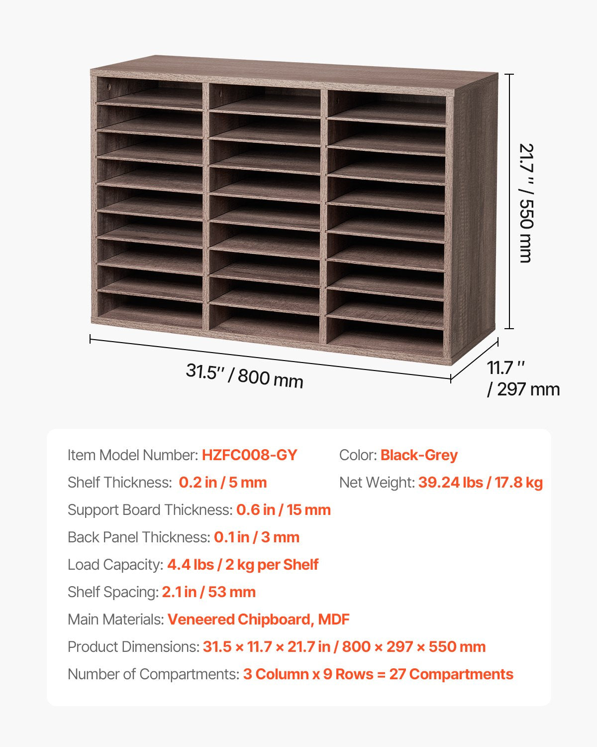 Briefkasten mit 27 Fächern und herausnehmbaren Regalböden, geeignet für Büro, Zuhause und Klassenzimmer, mit Aufbewahrungsmöglichkeiten für Akten, Dokumente und Papier, schwarz-grau