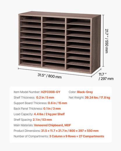 Briefkasten mit 27 Fächern und herausnehmbaren Regalböden, geeignet für Büro, Zuhause und Klassenzimmer, mit Aufbewahrungsmöglichkeiten für Akten, Dokumente und Papier, schwarz-grau
