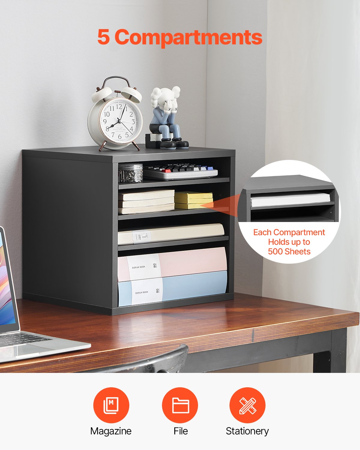 Briefkasten mit 5 Fächern und verstellbaren Regalböden, aus mitteldichter Faserplatte (MDF) gefertigt, ideal für Büro, Zuhause oder Klassenzimmer, zur Aufbewahrung von Akten, Dokumenten und Papieren, Grau