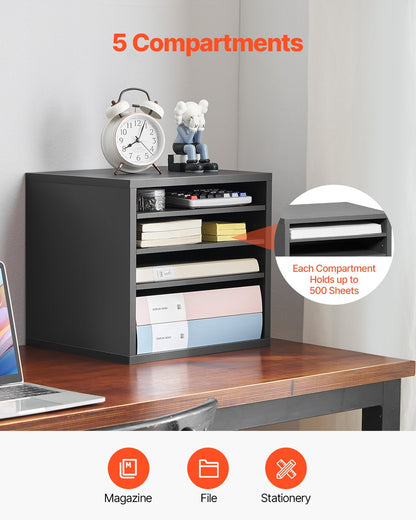 Briefkasten mit 5 Fächern und verstellbaren Regalböden, aus mitteldichter Faserplatte (MDF) gefertigt, ideal für Büro, Zuhause oder Klassenzimmer, zur Aufbewahrung von Akten, Dokumenten und Papieren, Grau