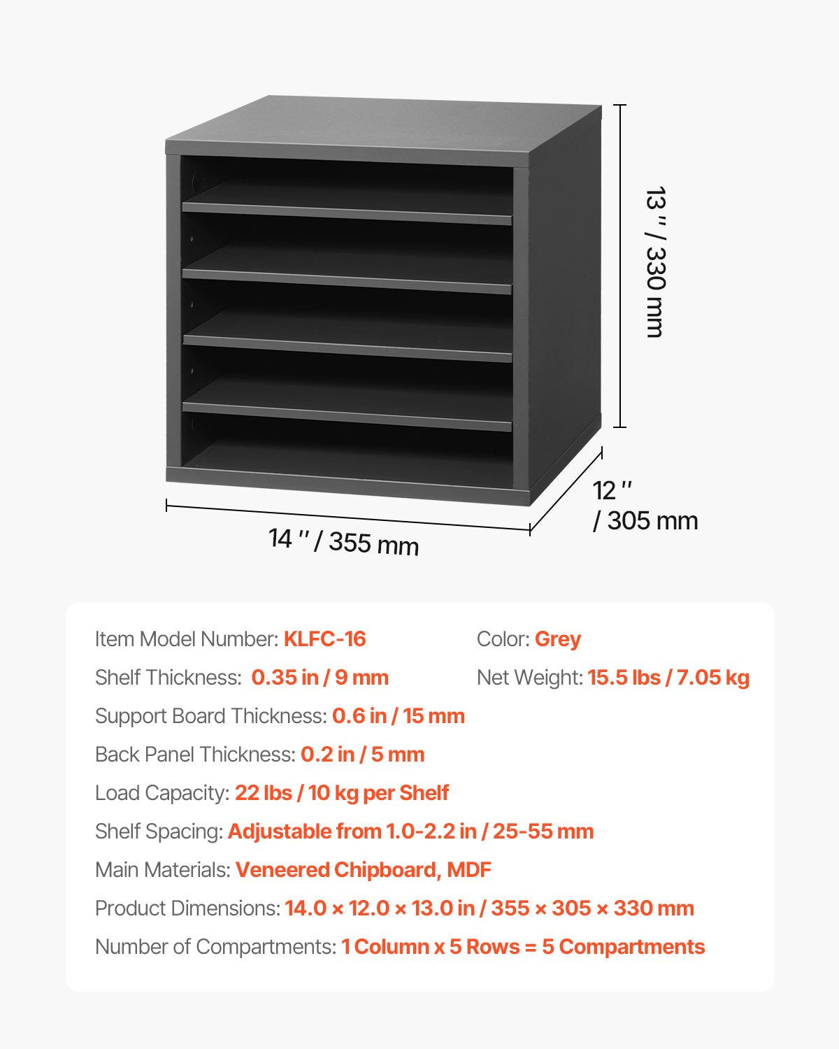 Briefkasten mit 5 Fächern und verstellbaren Regalböden, aus mitteldichter Faserplatte (MDF) gefertigt, ideal für Büro, Zuhause oder Klassenzimmer, zur Aufbewahrung von Akten, Dokumenten und Papieren, Grau