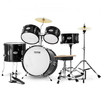 Kids Drum Set, 5-Piece, 16 in Beginner Full Drum Set with Bass Toms Snare Floor Drum Adjustable Throne Cymbal Hi-Hat Pedal and Two Pairs of Drumsticks, Starter Drum Kit for Child Kids, Black
