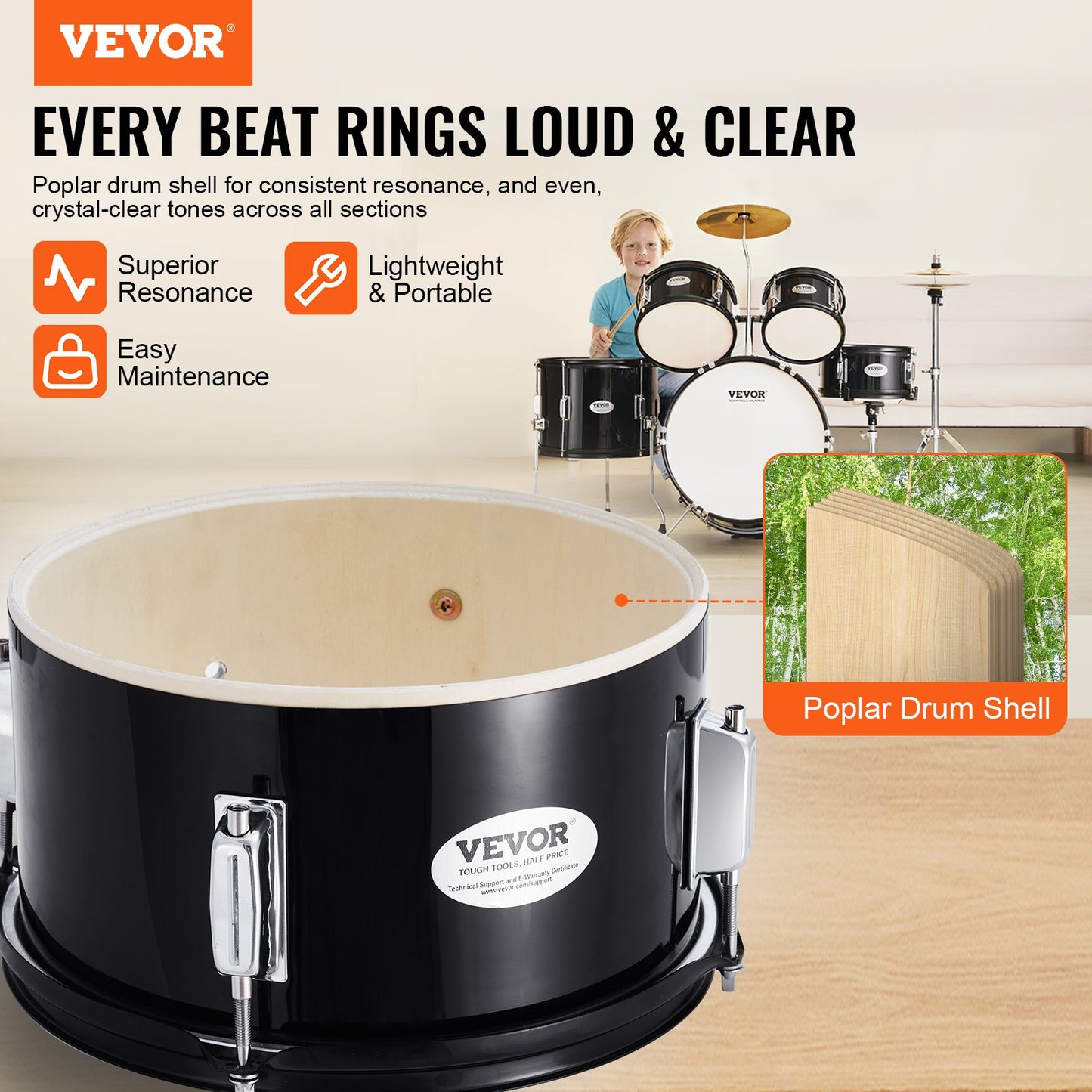 Kids Drum Set, 5-Piece, 16 in Beginner Full Drum Set with Bass Toms Snare Floor Drum Adjustable Throne Cymbal Hi-Hat Pedal and Two Pairs of Drumsticks, Starter Drum Kit for Child Kids, Black
