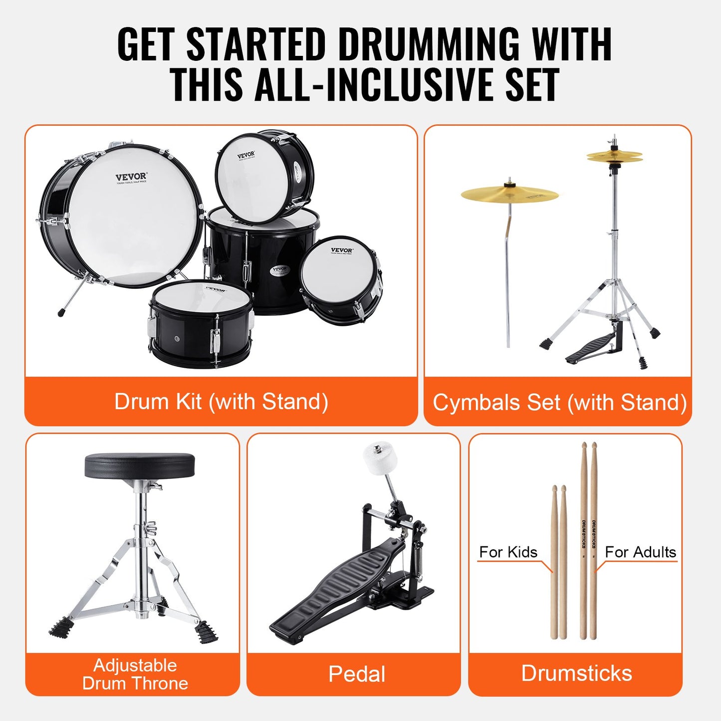 Kids Drum Set, 5-Piece, 16 in Beginner Full Drum Set with Bass Toms Snare Floor Drum Adjustable Throne Cymbal Hi-Hat Pedal and Two Pairs of Drumsticks, Starter Drum Kit for Child Kids, Black