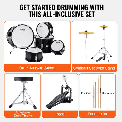 Kids Drum Set, 5-Piece, 16 in Beginner Full Drum Set with Bass Toms Snare Floor Drum Adjustable Throne Cymbal Hi-Hat Pedal and Two Pairs of Drumsticks, Starter Drum Kit for Child Kids, Black