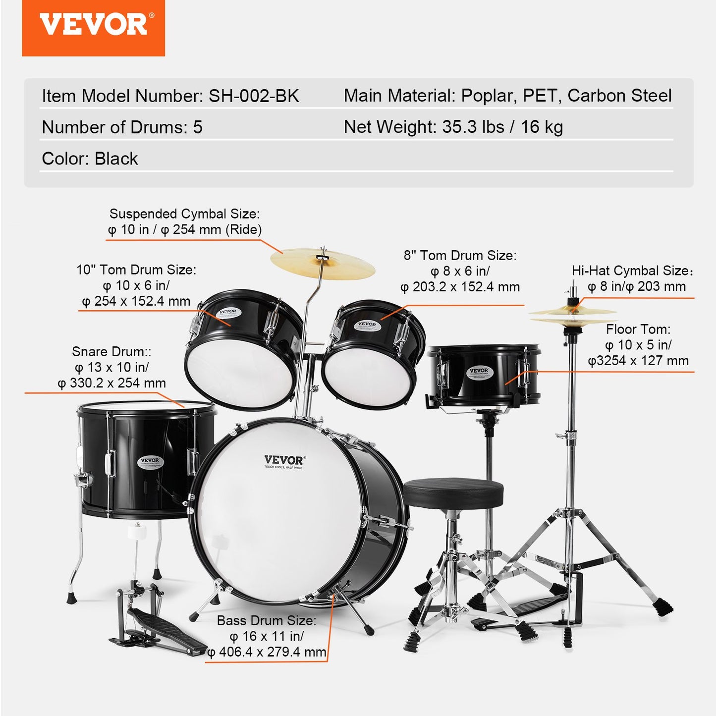 Kids Drum Set, 5-Piece, 16 in Beginner Full Drum Set with Bass Toms Snare Floor Drum Adjustable Throne Cymbal Hi-Hat Pedal and Two Pairs of Drumsticks, Starter Drum Kit for Child Kids, Black