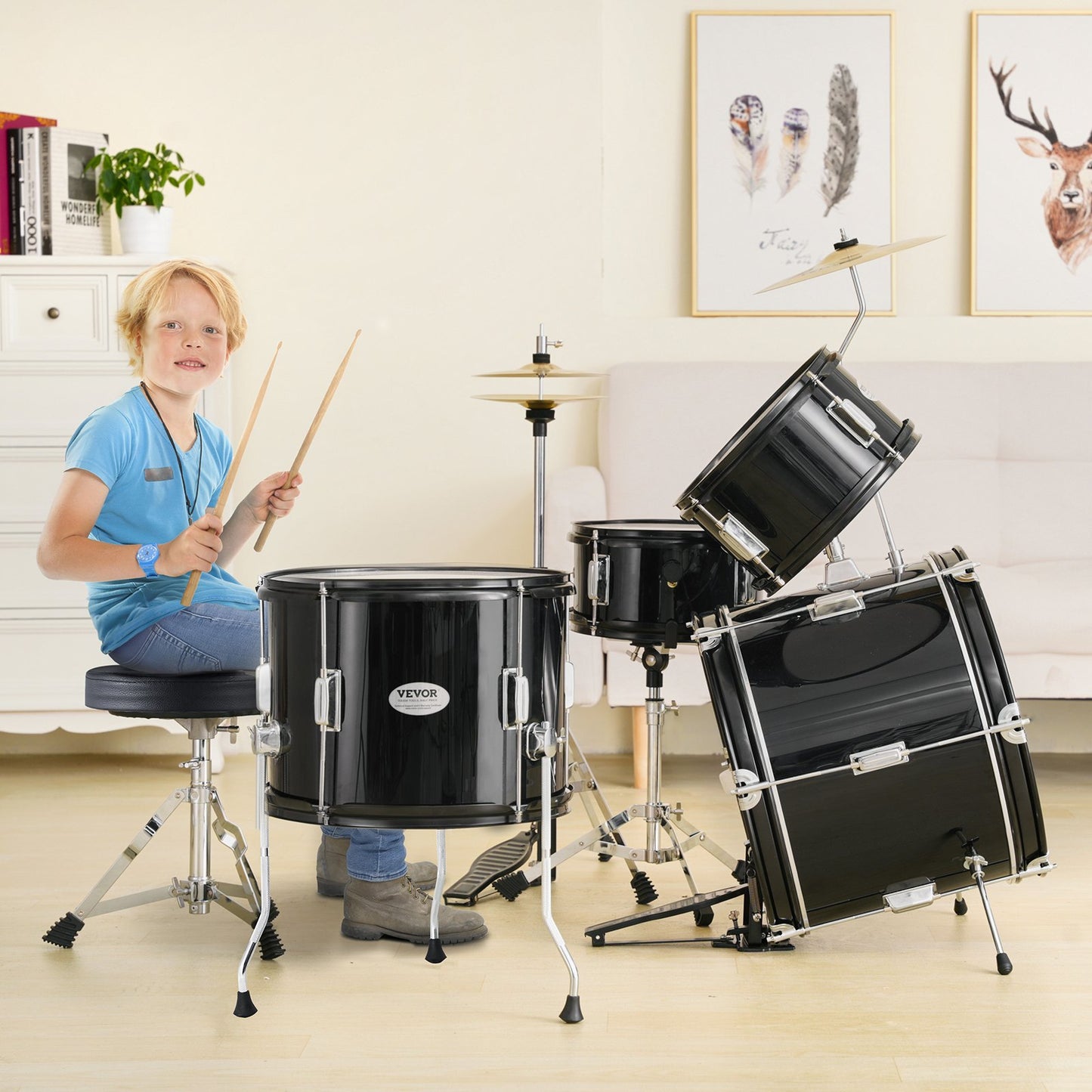 Kids Drum Set, 5-Piece, 16 in Beginner Full Drum Set with Bass Toms Snare Floor Drum Adjustable Throne Cymbal Hi-Hat Pedal and Two Pairs of Drumsticks, Starter Drum Kit for Child Kids, Black