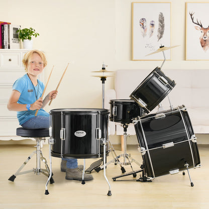 Kids Drum Set, 5-Piece, 16 in Beginner Full Drum Set with Bass Toms Snare Floor Drum Adjustable Throne Cymbal Hi-Hat Pedal and Two Pairs of Drumsticks, Starter Drum Kit for Child Kids, Black