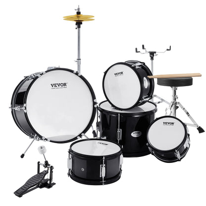 Kids Drum Set, 5-Piece, 16 in Beginner Full Drum Set with Bass Toms Snare Floor Drum Adjustable Throne Cymbal Hi-Hat Pedal and Two Pairs of Drumsticks, Starter Drum Kit for Child Kids, Black