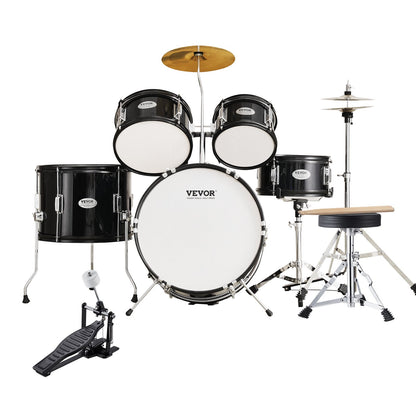 Kids Drum Set, 5-Piece, 16 in Beginner Full Drum Set with Bass Toms Snare Floor Drum Adjustable Throne Cymbal Hi-Hat Pedal and Two Pairs of Drumsticks, Starter Drum Kit for Child Kids, Black