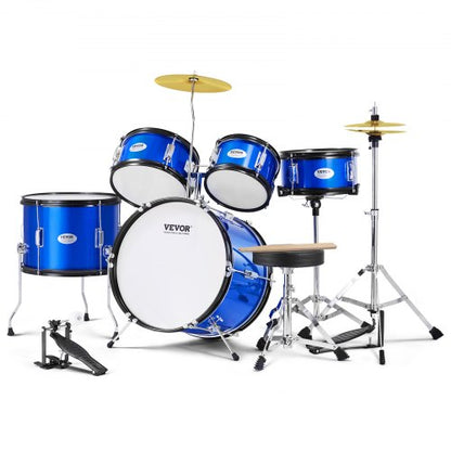 Kids Drum Set, 5-Piece, 16 in Beginner Full Drum Set with Bass Toms Snare Floor Drum Adjustable Throne Cymbal Hi-Hat Pedal and Two Pairs of Drumsticks, Starter Drum Kit for Child Kids, Blue