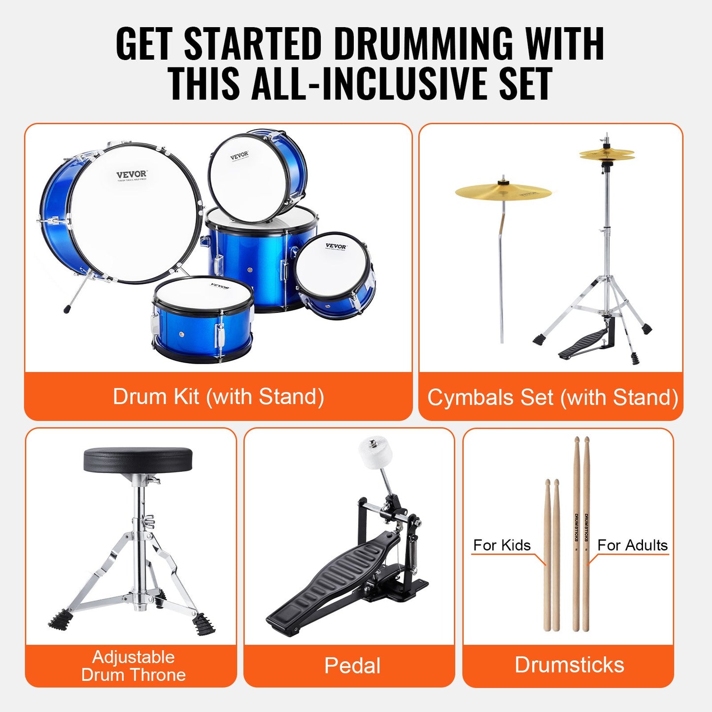 Kids Drum Set, 5-Piece, 16 in Beginner Full Drum Set with Bass Toms Snare Floor Drum Adjustable Throne Cymbal Hi-Hat Pedal and Two Pairs of Drumsticks, Starter Drum Kit for Child Kids, Blue