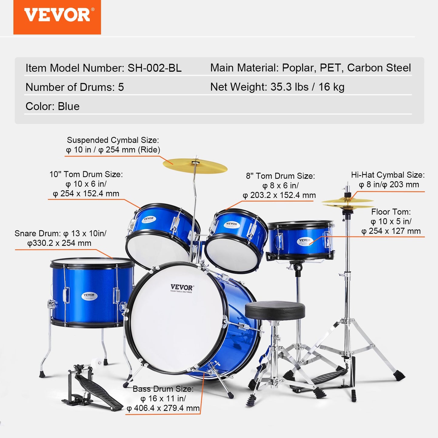 Kids Drum Set, 5-Piece, 16 in Beginner Full Drum Set with Bass Toms Snare Floor Drum Adjustable Throne Cymbal Hi-Hat Pedal and Two Pairs of Drumsticks, Starter Drum Kit for Child Kids, Blue