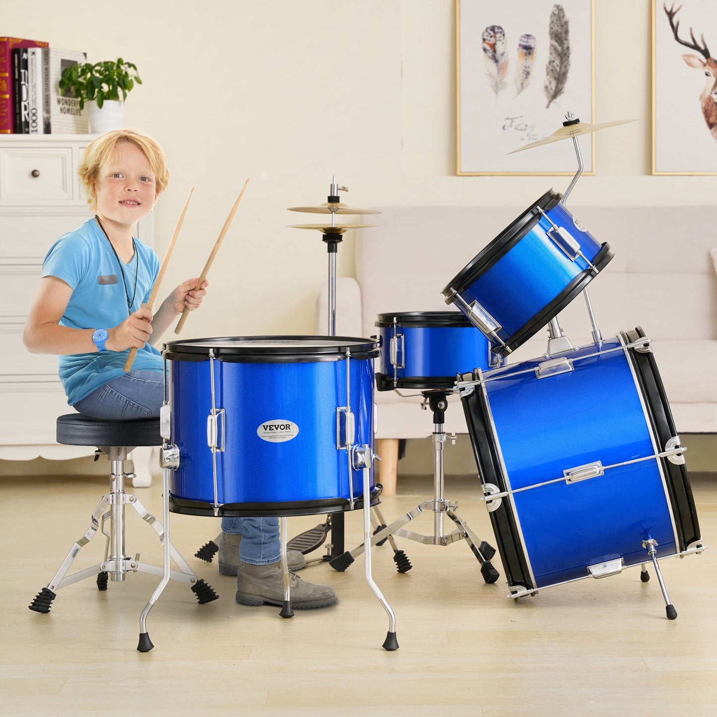 Kids Drum Set, 5-Piece, 16 in Beginner Full Drum Set with Bass Toms Snare Floor Drum Adjustable Throne Cymbal Hi-Hat Pedal and Two Pairs of Drumsticks, Starter Drum Kit for Child Kids, Blue