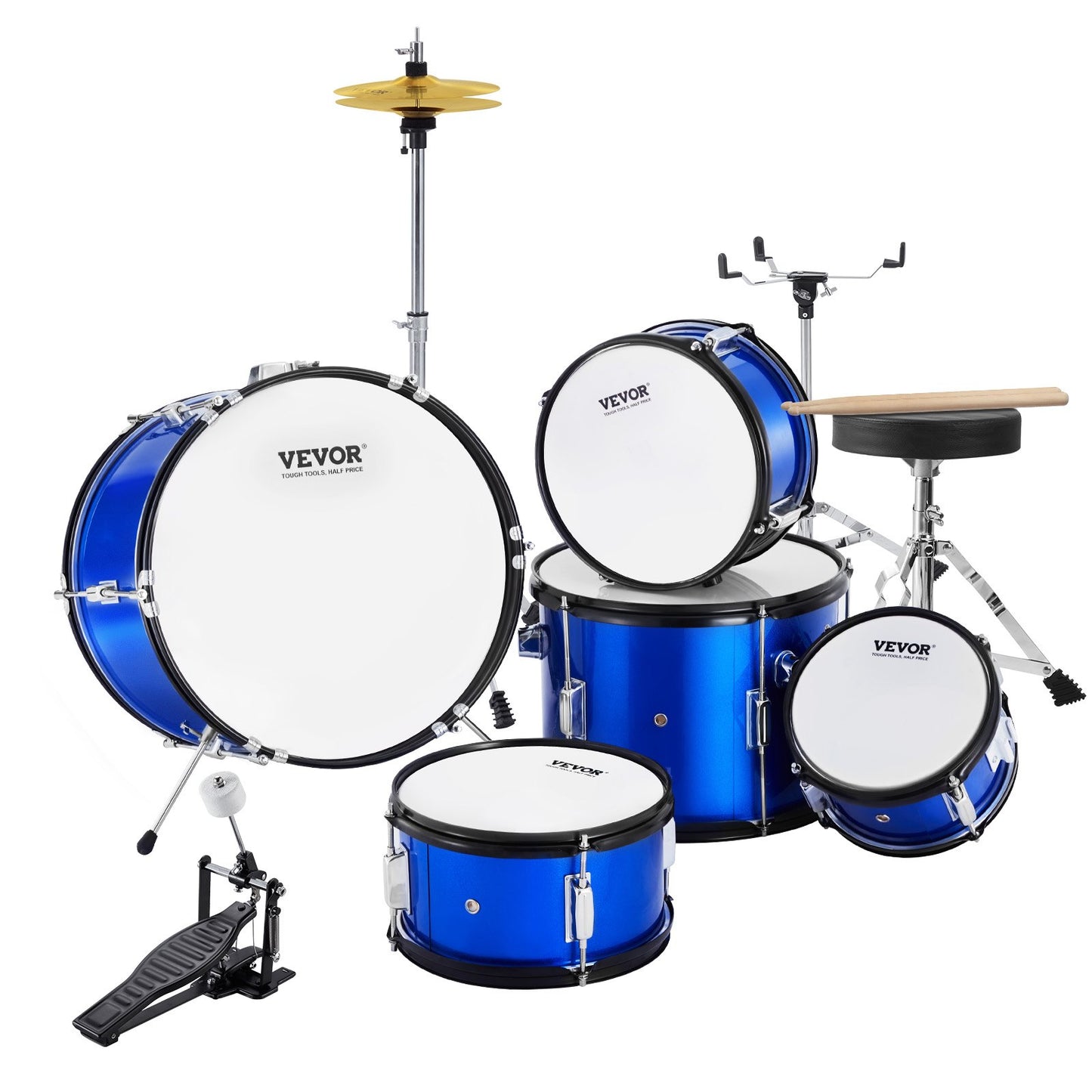 Kids Drum Set, 5-Piece, 16 in Beginner Full Drum Set with Bass Toms Snare Floor Drum Adjustable Throne Cymbal Hi-Hat Pedal and Two Pairs of Drumsticks, Starter Drum Kit for Child Kids, Blue