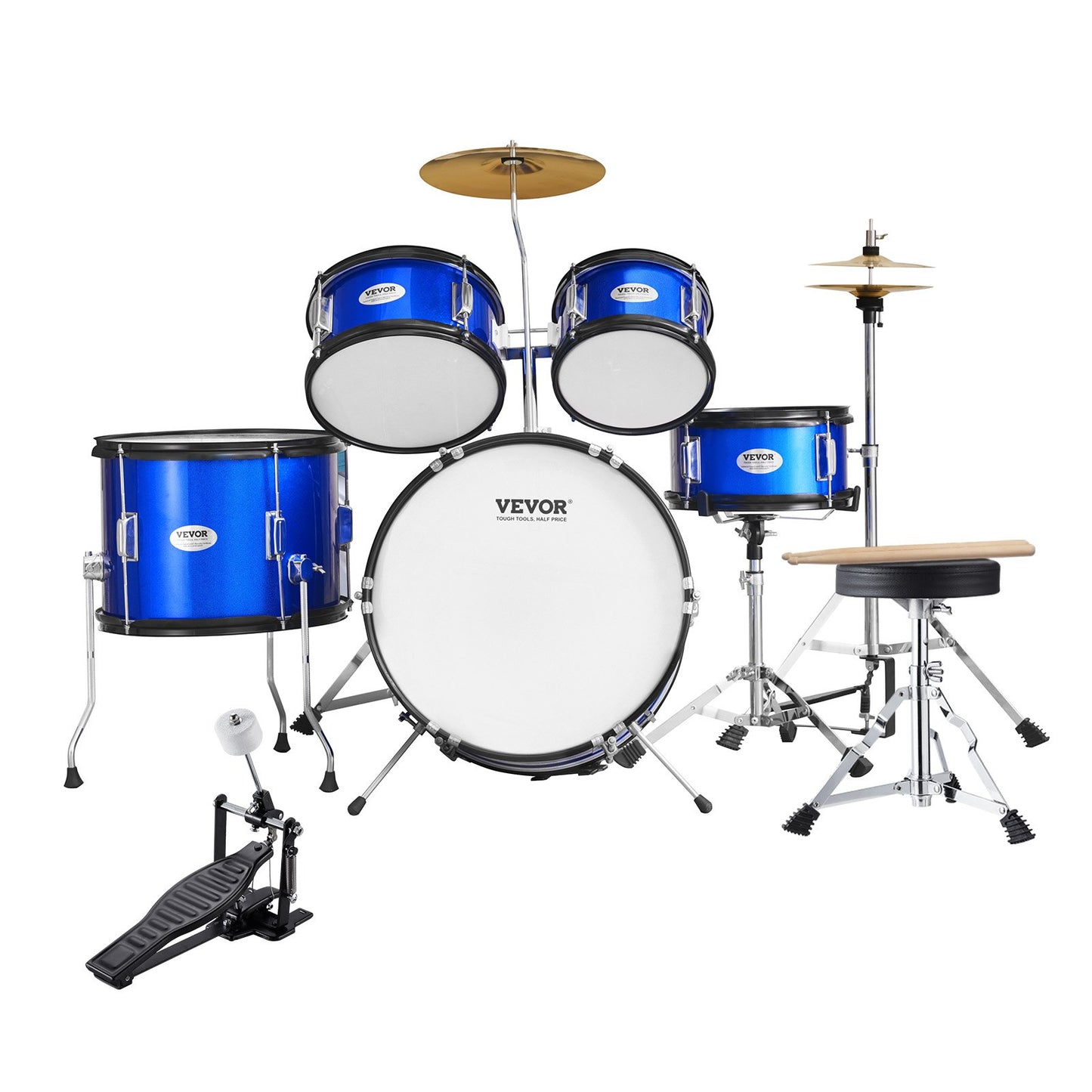 Kids Drum Set, 5-Piece, 16 in Beginner Full Drum Set with Bass Toms Snare Floor Drum Adjustable Throne Cymbal Hi-Hat Pedal and Two Pairs of Drumsticks, Starter Drum Kit for Child Kids, Blue