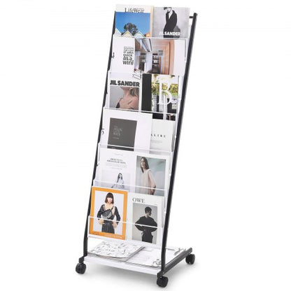 Brochure Display Rack, 6-Tier Magazine Literature Display Stand, Floor Standing Magazine Rack Newspaper Catalog Holders, Movable with 4 Wheels (2 Lockable) for Shop Exhibitions Office, 6 Pockets