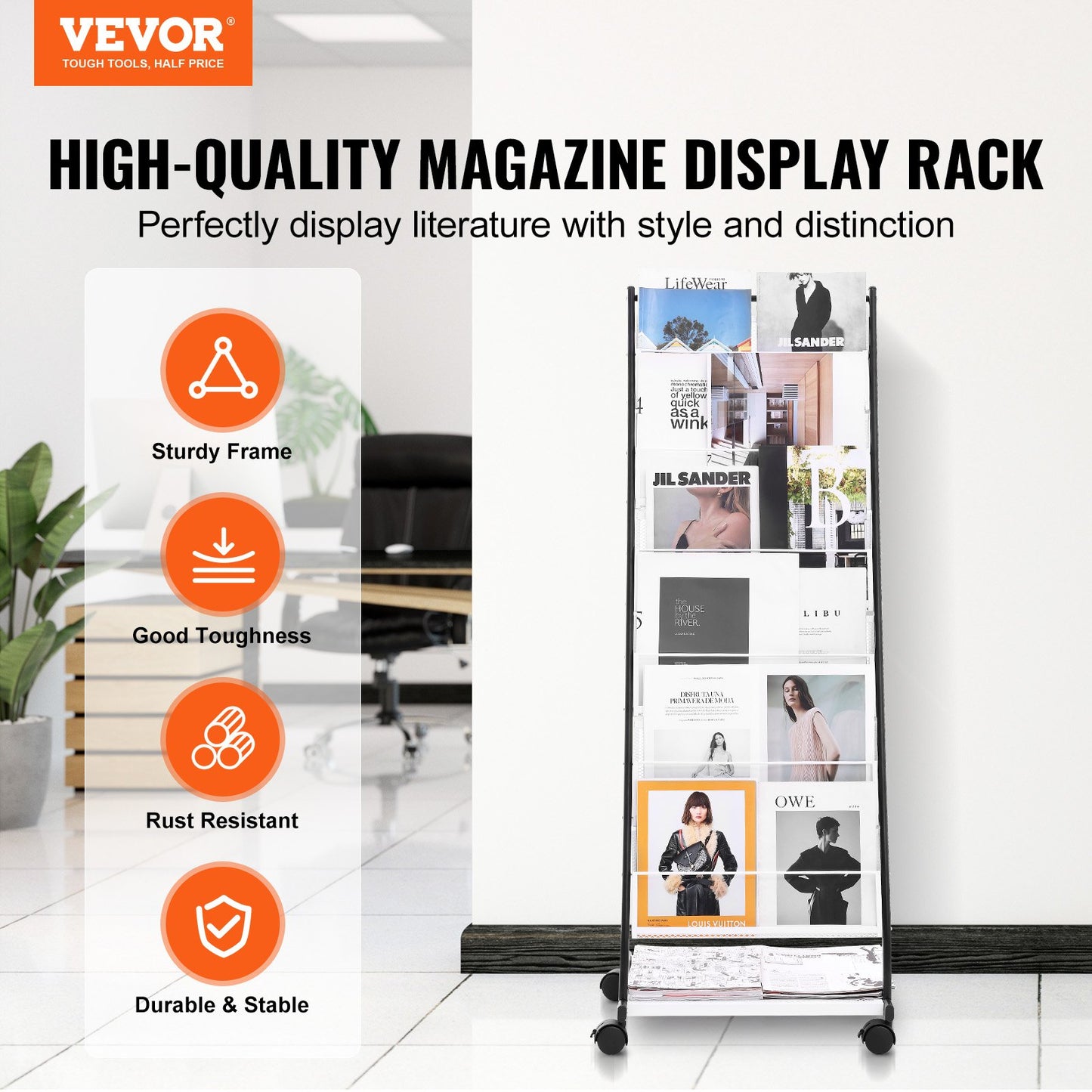 Brochure Display Rack, 6-Tier Magazine Literature Display Stand, Floor Standing Magazine Rack Newspaper Catalog Holders, Movable with 4 Wheels (2 Lockable) for Shop Exhibitions Office, 6 Pockets