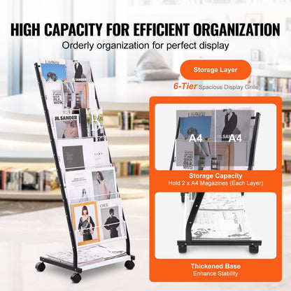 Brochure Display Rack, 6-Tier Magazine Literature Display Stand, Floor Standing Magazine Rack Newspaper Catalog Holders, Movable with 4 Wheels (2 Lockable) for Shop Exhibitions Office, 6 Pockets