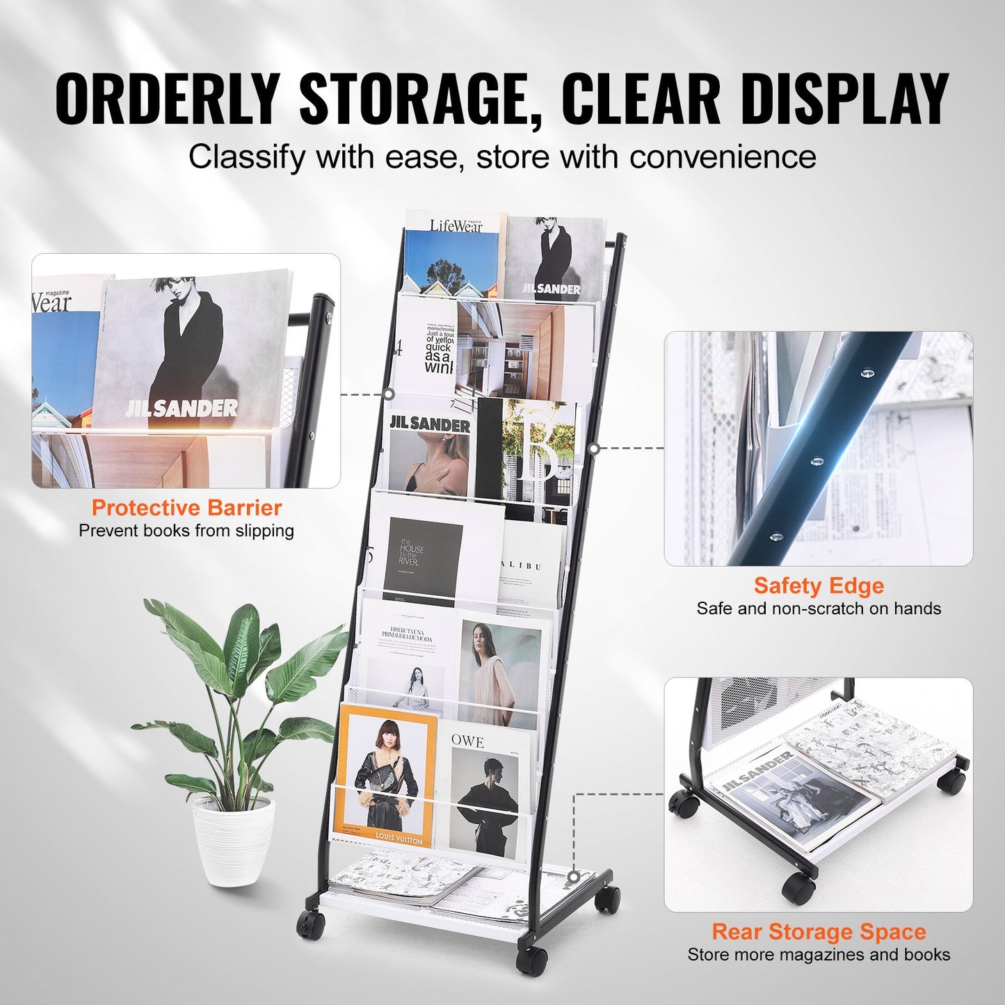 Brochure Display Rack, 6-Tier Magazine Literature Display Stand, Floor Standing Magazine Rack Newspaper Catalog Holders, Movable with 4 Wheels (2 Lockable) for Shop Exhibitions Office, 6 Pockets