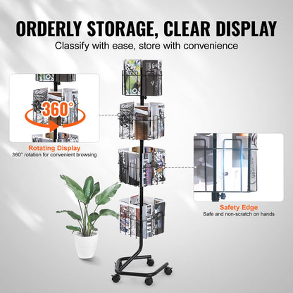 Brochure Display Rack, 4-Tier 32 Pockets Rotating Magazine Literature Display Stand for Postcards, 360° Spinning Greeting Cards Rack with 5 Wheels (2 Lockable) for Shop Exhibitions Office
