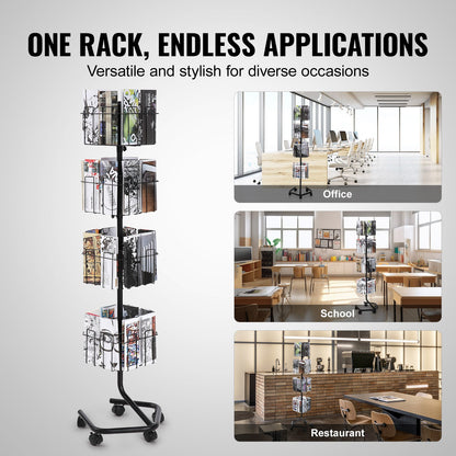 Brochure Display Rack, 4-Tier 32 Pockets Rotating Magazine Literature Display Stand for Postcards, 360° Spinning Greeting Cards Rack with 5 Wheels (2 Lockable) for Shop Exhibitions Office