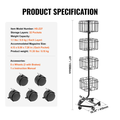 Brochure Display Rack, 4-Tier 32 Pockets Rotating Magazine Literature Display Stand for Postcards, 360° Spinning Greeting Cards Rack with 5 Wheels (2 Lockable) for Shop Exhibitions Office