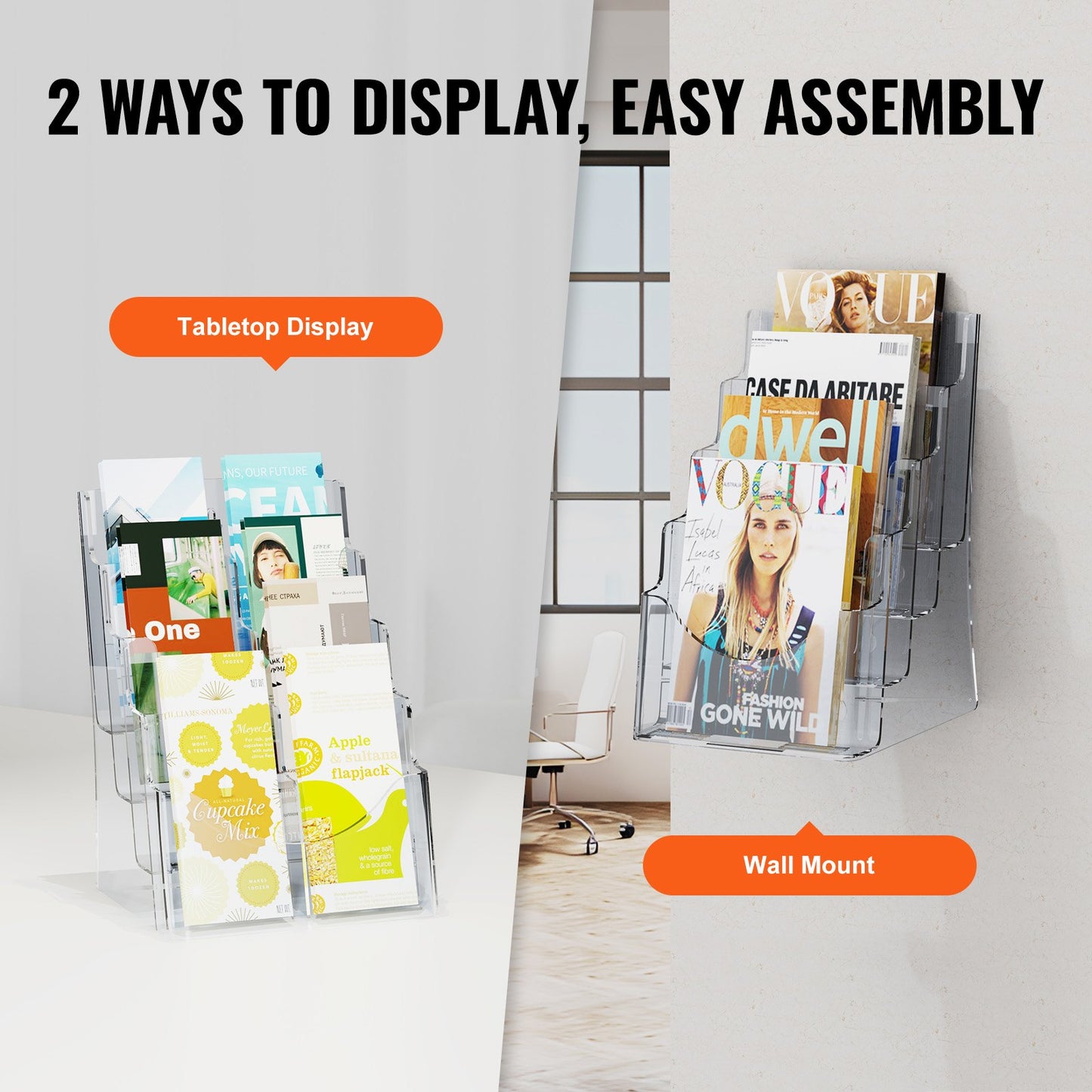 Acrylic Brochure Holder 8.5 x 11 inch, 4-Tier Clear Acrylic Literature Display Stand, Plastic Literature Organizer Flyer Stand & Removable Divider for Office Exhibition, Countertop or Wall Mount