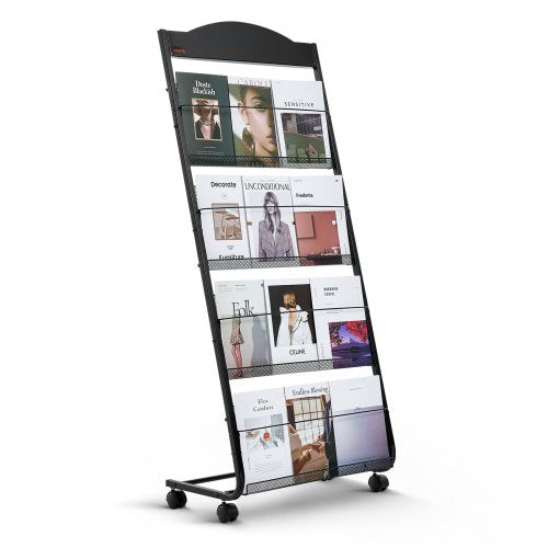 Brochure Display Rack, 4-Tier Magazine Literature Display Stand with Wheels, Movable Floor Standing Magazine Rack, Heavy Duty Newspaper Catalog Holders for Shop Exhibitions Office Craft Fairs
