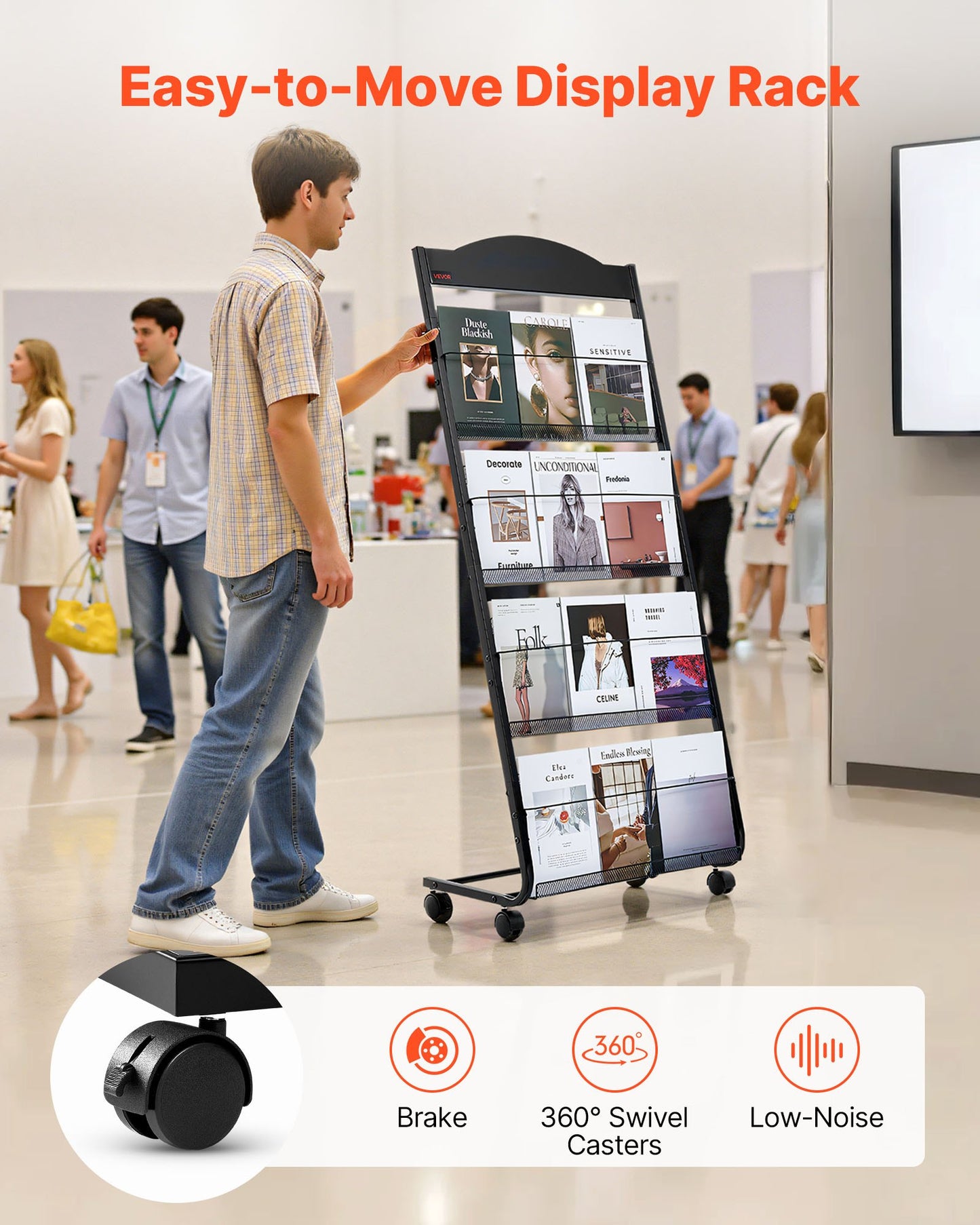 Brochure Display Rack, 4-Tier Magazine Literature Display Stand with Wheels, Movable Floor Standing Magazine Rack, Heavy Duty Newspaper Catalog Holders for Shop Exhibitions Office Craft Fairs