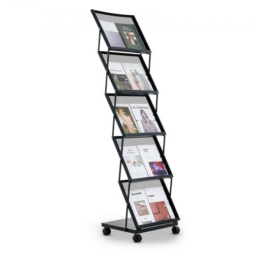 Brochure Display Rack, Foldable 5 Pockets Magazine Literature Display Stand, Movable Floor Standing Magazine Rack with Wheels, Metal Newspaper Catalog Holders for Shop Exhibitions Office Show