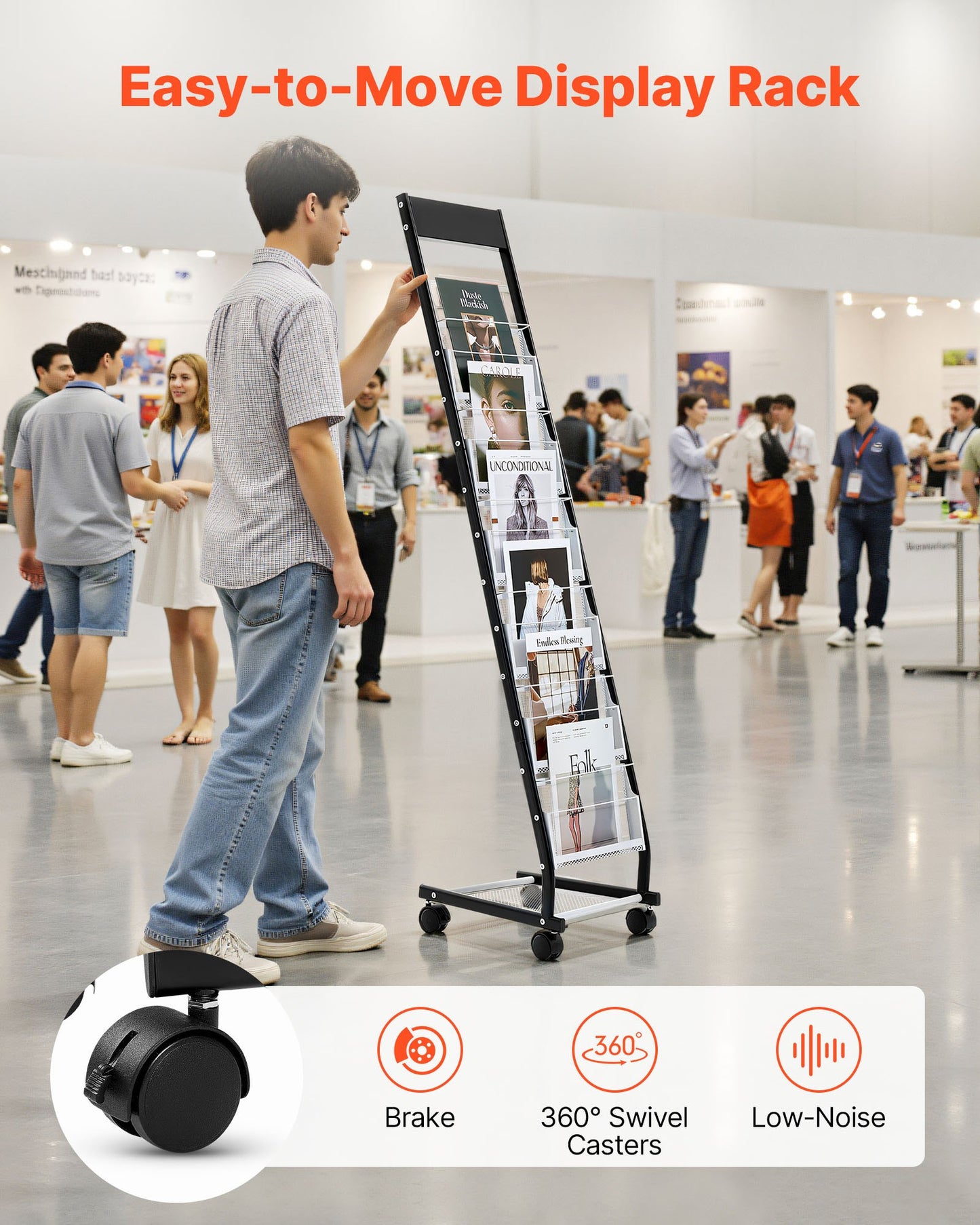 Prospektständer, schmaler 6-stufiger Zeitschriften- und Prospektständer mit Rollen, freistehender Zeitschriftenständer aus Metall, bewegliche Zeitungs- und Kataloghalter für Ladenausstellungen und Büros (6 Fächer)