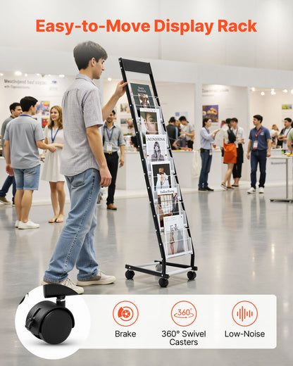 Prospektständer, schmaler 6-stufiger Zeitschriften- und Prospektständer mit Rollen, freistehender Zeitschriftenständer aus Metall, bewegliche Zeitungs- und Kataloghalter für Ladenausstellungen und Büros (6 Fächer)