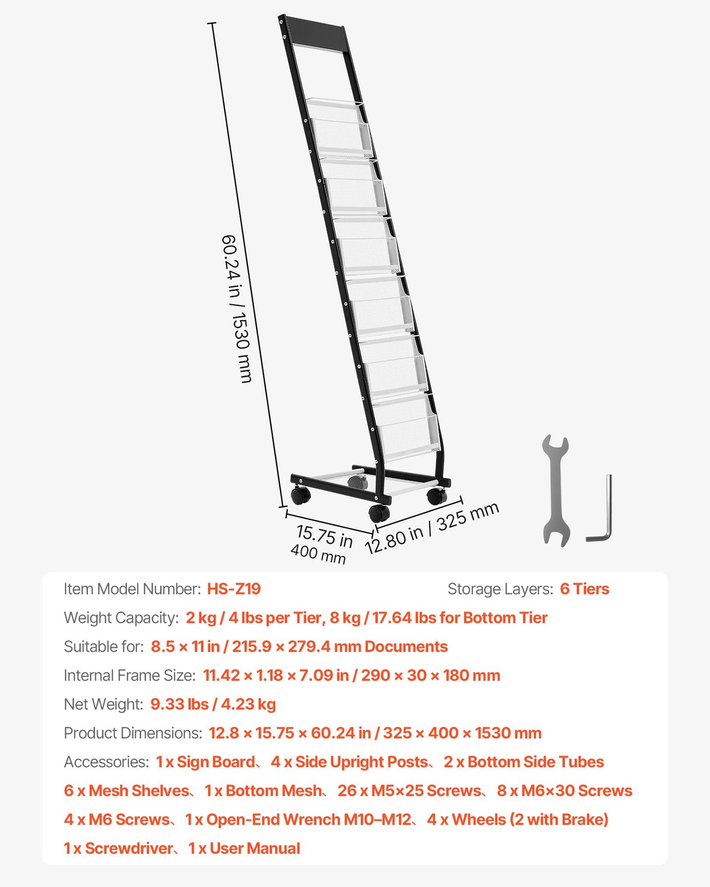 Prospektständer, schmaler 6-stufiger Zeitschriften- und Prospektständer mit Rollen, freistehender Zeitschriftenständer aus Metall, bewegliche Zeitungs- und Kataloghalter für Ladenausstellungen und Büros (6 Fächer)